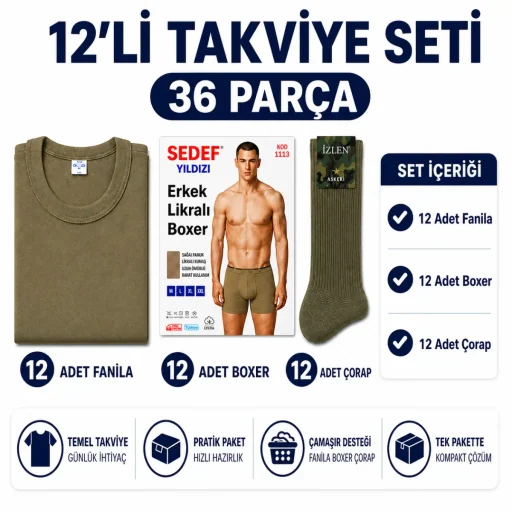 Asker Çamaşır Seti 13'li — 2 Haftada 1 Yıkama