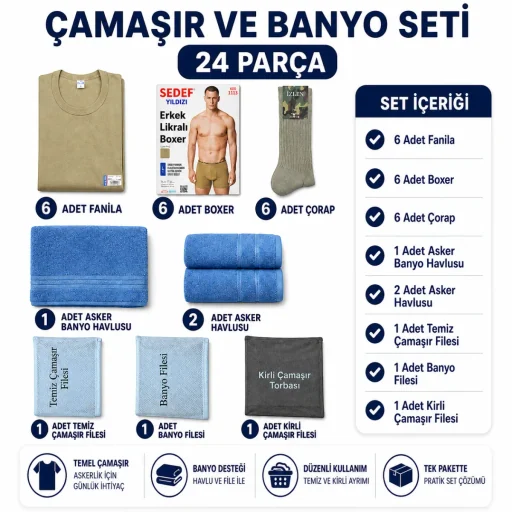Asker Çamaşır + Banyo Seti 6'lı — Haftalık Komple