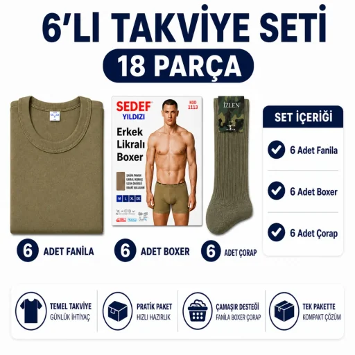 Asker Çamaşır Seti 6'lı — 6+2 Haftalık Sistem