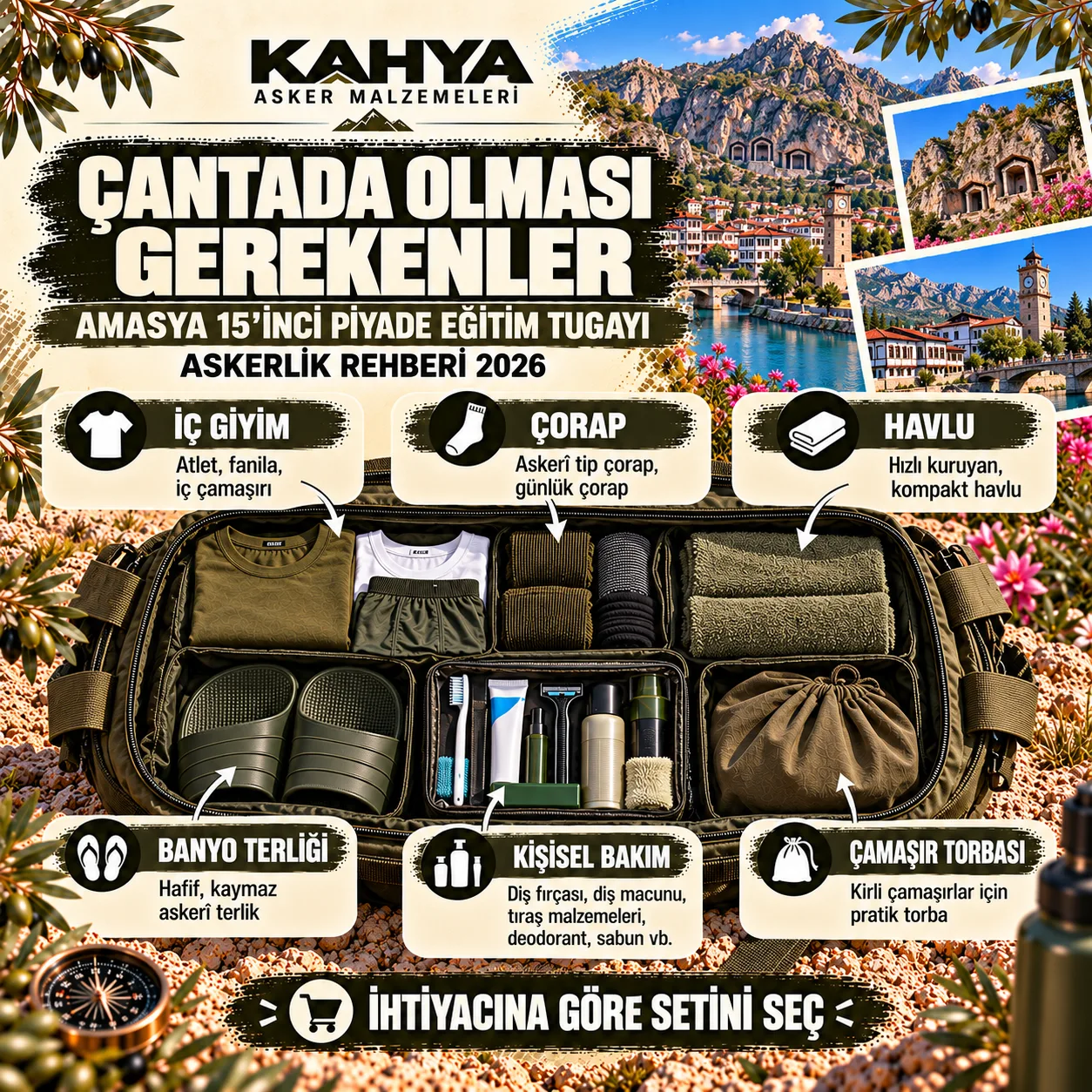 Amasya 15. Piyade Eğitim Tugayı — asker çantasında iç giyim, havlu ve kişisel bakım ürünleri (temsili infografik)