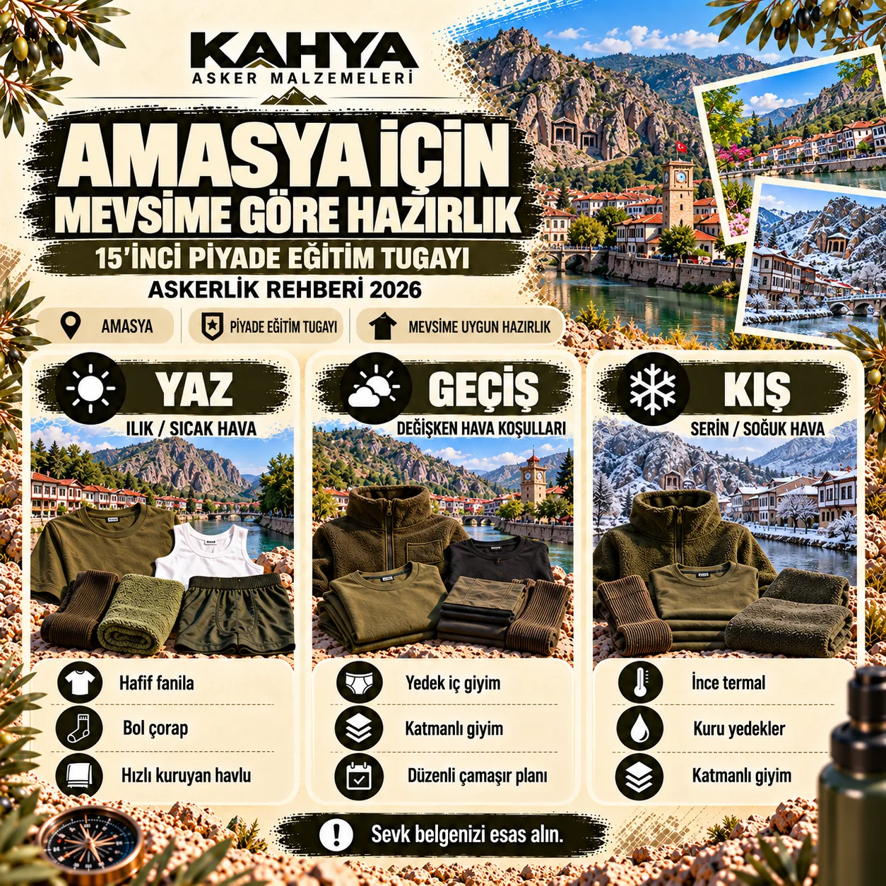 Amasya 15. Piyade Eğitim Tugayı — mevsime göre asker malzemesi hazırlığı (temsili infografik)
