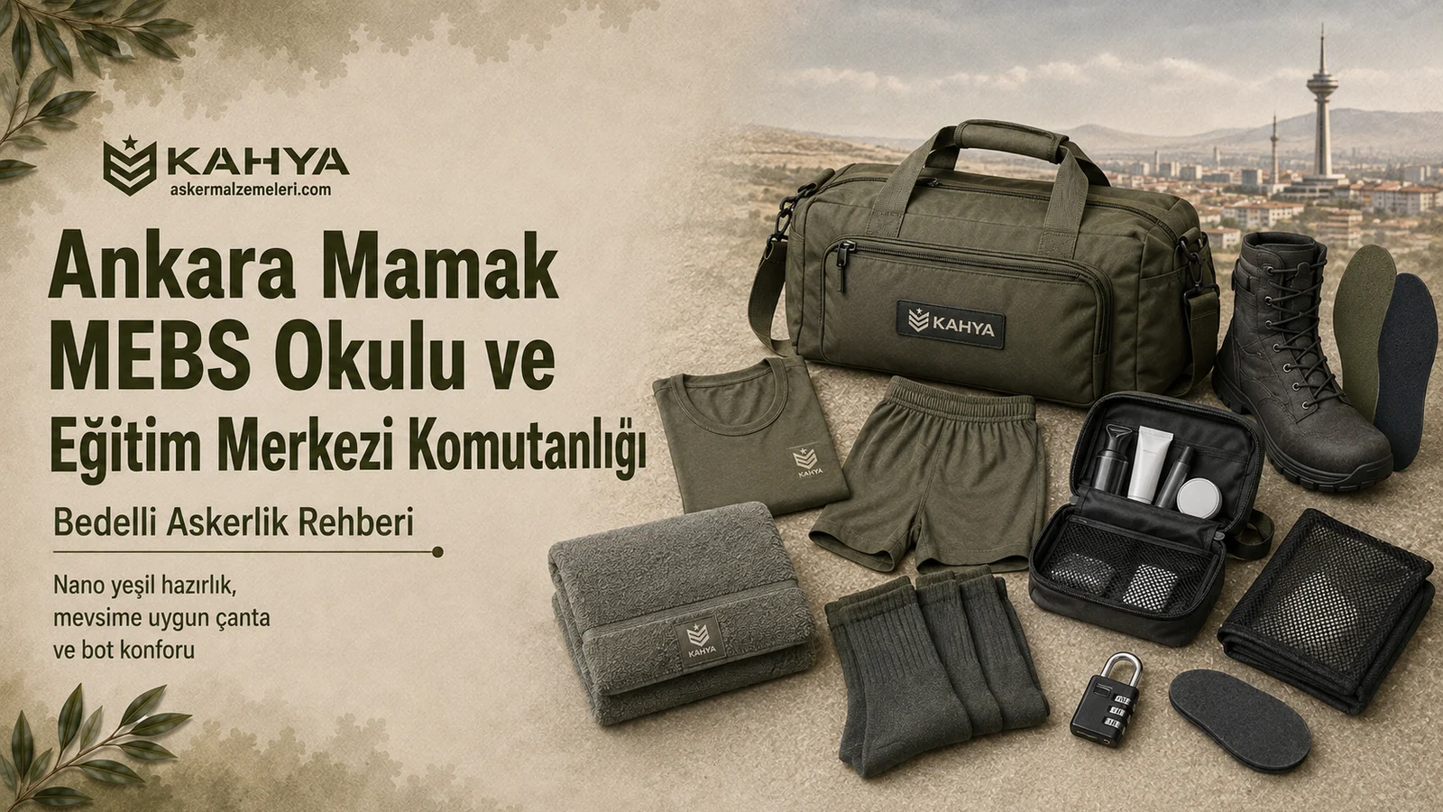 Ankara Mamak bedelli askerlik rehberi için haki ve yeşil tonlu asker iç giyimi, çanta ve temel hazırlık malzemeleri