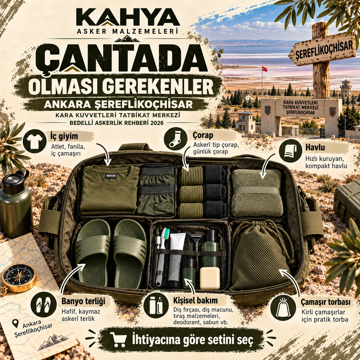 Şereflikoçhisar Kara Kuvvetleri Tatbikat Merkezi — asker çantasında iç giyim, havlu ve kişisel bakım ürünleri (temsili infografik)