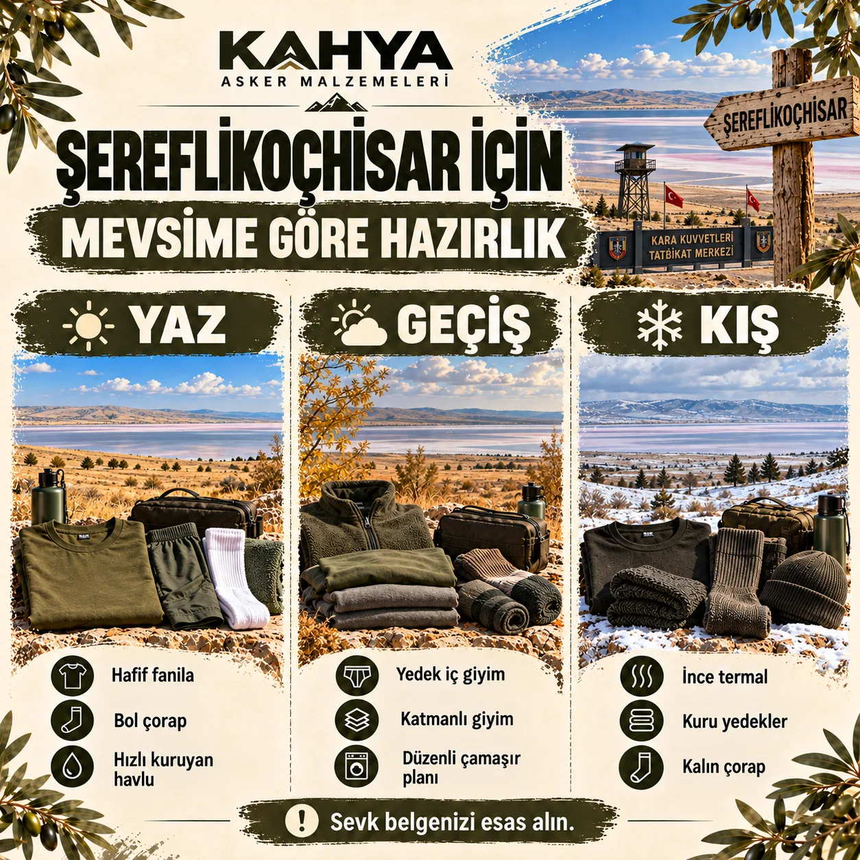 Şereflikoçhisar Kara Kuvvetleri Tatbikat Merkezi — mevsime göre asker malzemesi hazırlığı (temsili infografik)