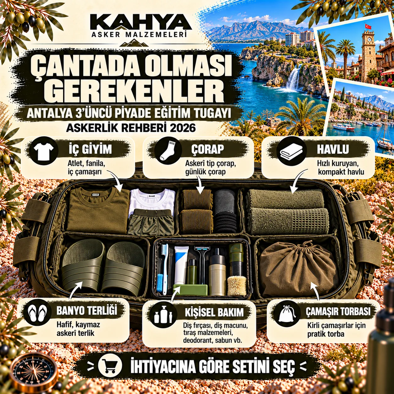 Antalya 3. Piyade Eğitim Tugayı — asker çantasında iç giyim, havlu ve kişisel bakım ürünleri (temsili infografik)