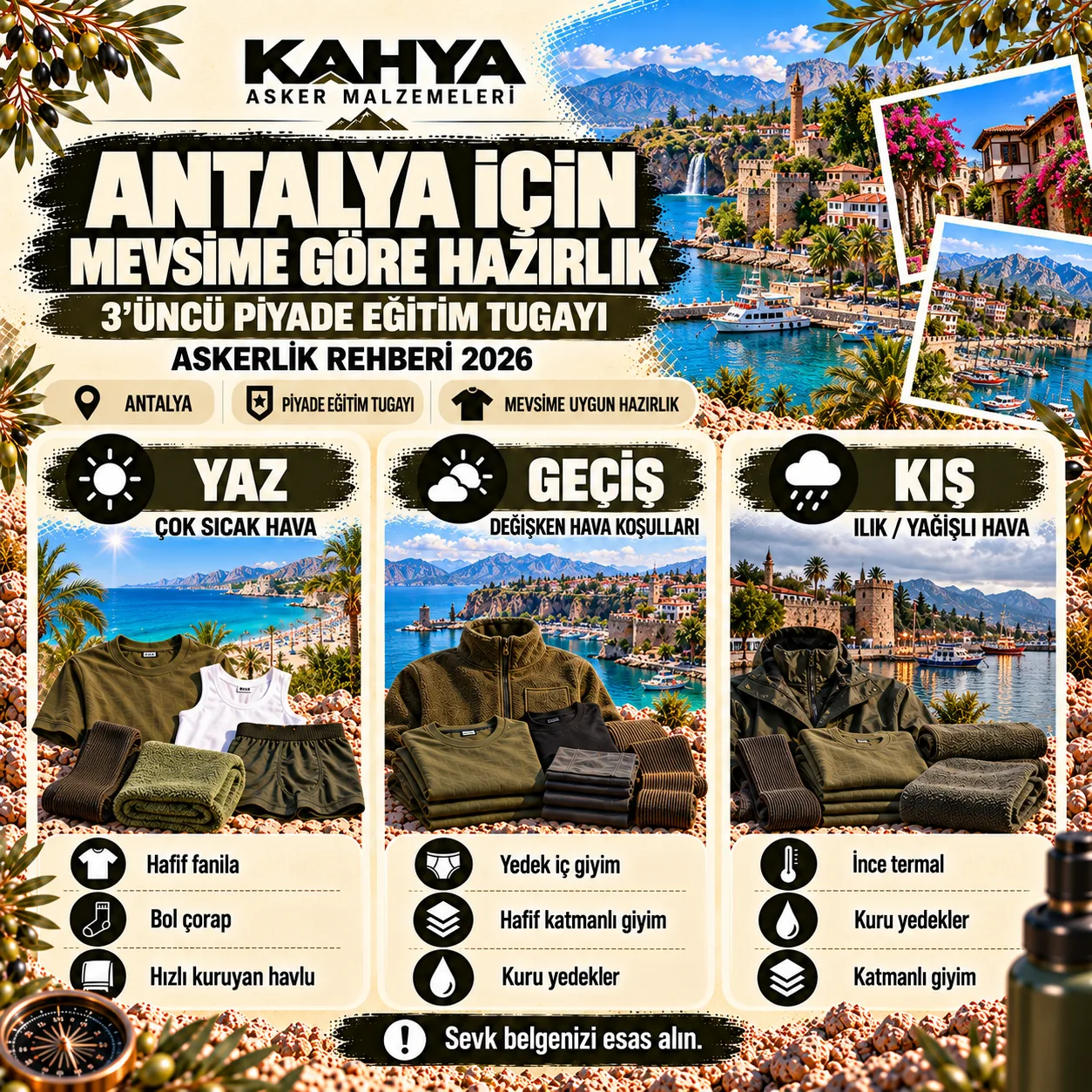 Antalya 3. Piyade Eğitim Tugayı — mevsime göre asker malzemesi hazırlığı (temsili infografik)