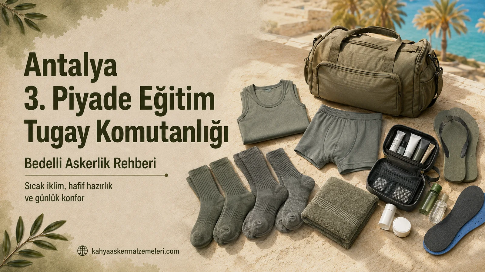 Antalya bedelli askerlik rehberi için haki ve yeşil tonlu asker iç giyimi, çanta ve temel hazırlık malzemeleri