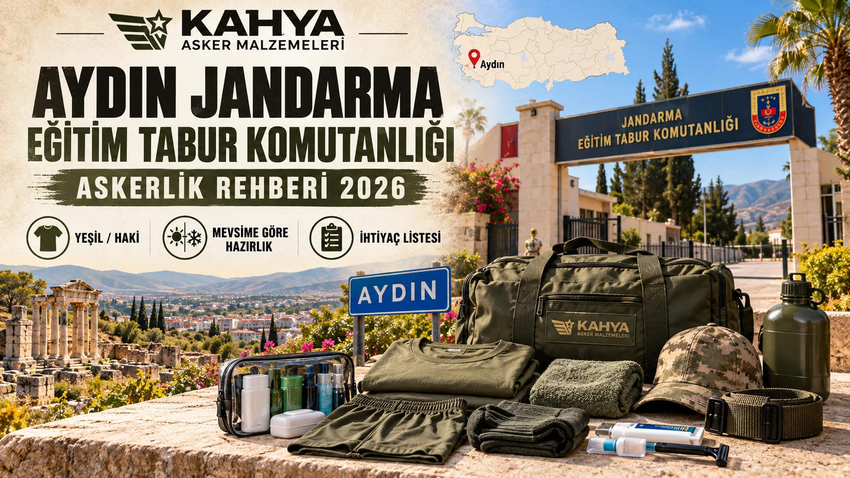 Aydın 1. Jandarma Eğitim Taburu — 2026 askerlik hazırlığı ve malzeme rehberi (temsili görsel); resmî askerî fotoğraf veya doğrulanmış birlik görüntüsü değildir