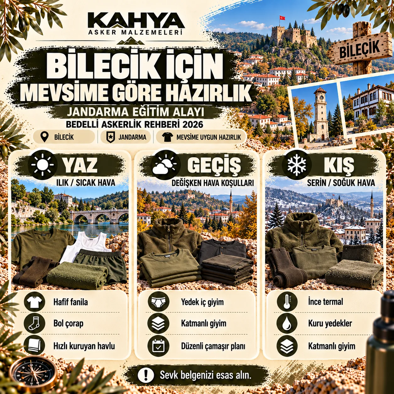 Bilecik Jandarma Eğitim Alayı — mevsime göre asker malzemesi hazırlığı (temsili infografik)