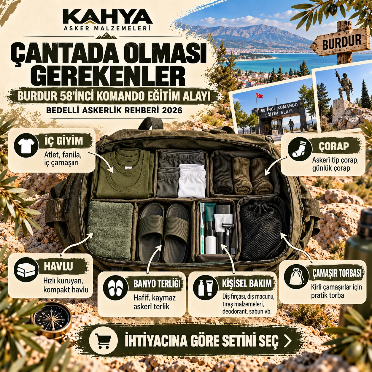 Burdur 58. Komando Eğitim Alayı — asker çantasında iç giyim, havlu ve kişisel bakım ürünleri (temsili infografik)