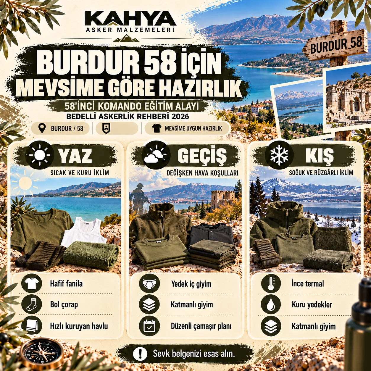 Burdur 58. Komando Eğitim Alayı — mevsime göre asker malzemesi hazırlığı (temsili infografik)