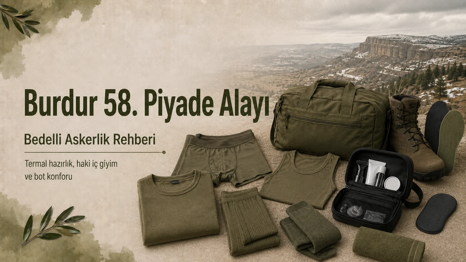 Burdur bedelli askerlik rehberi için haki ve yeşil tonlu asker iç giyimi, çanta ve temel hazırlık malzemeleri