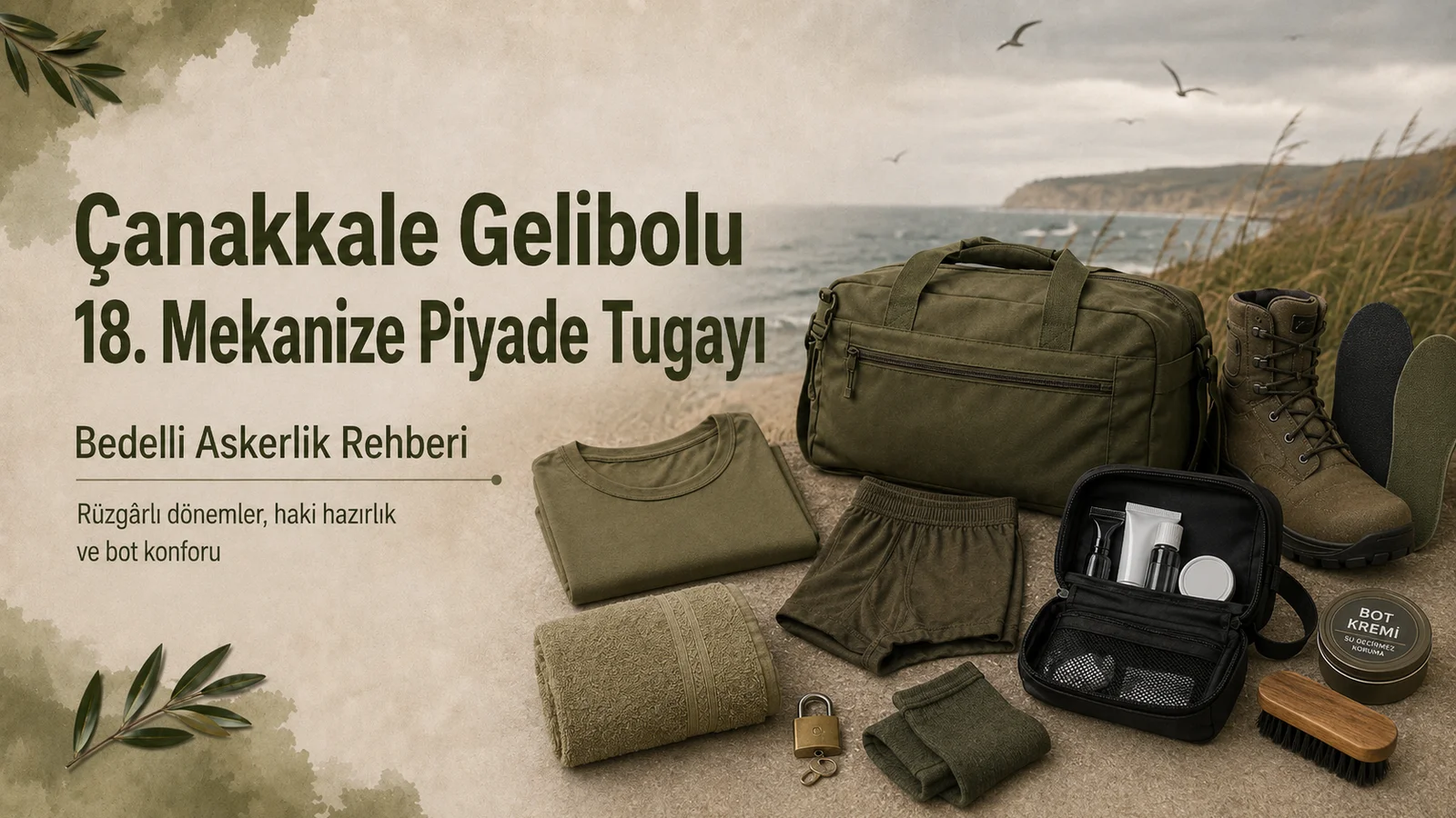 Çanakkale Gelibolu bedelli askerlik rehberi için haki ve yeşil tonlu asker iç giyimi, çanta ve temel hazırlık malzemeleri