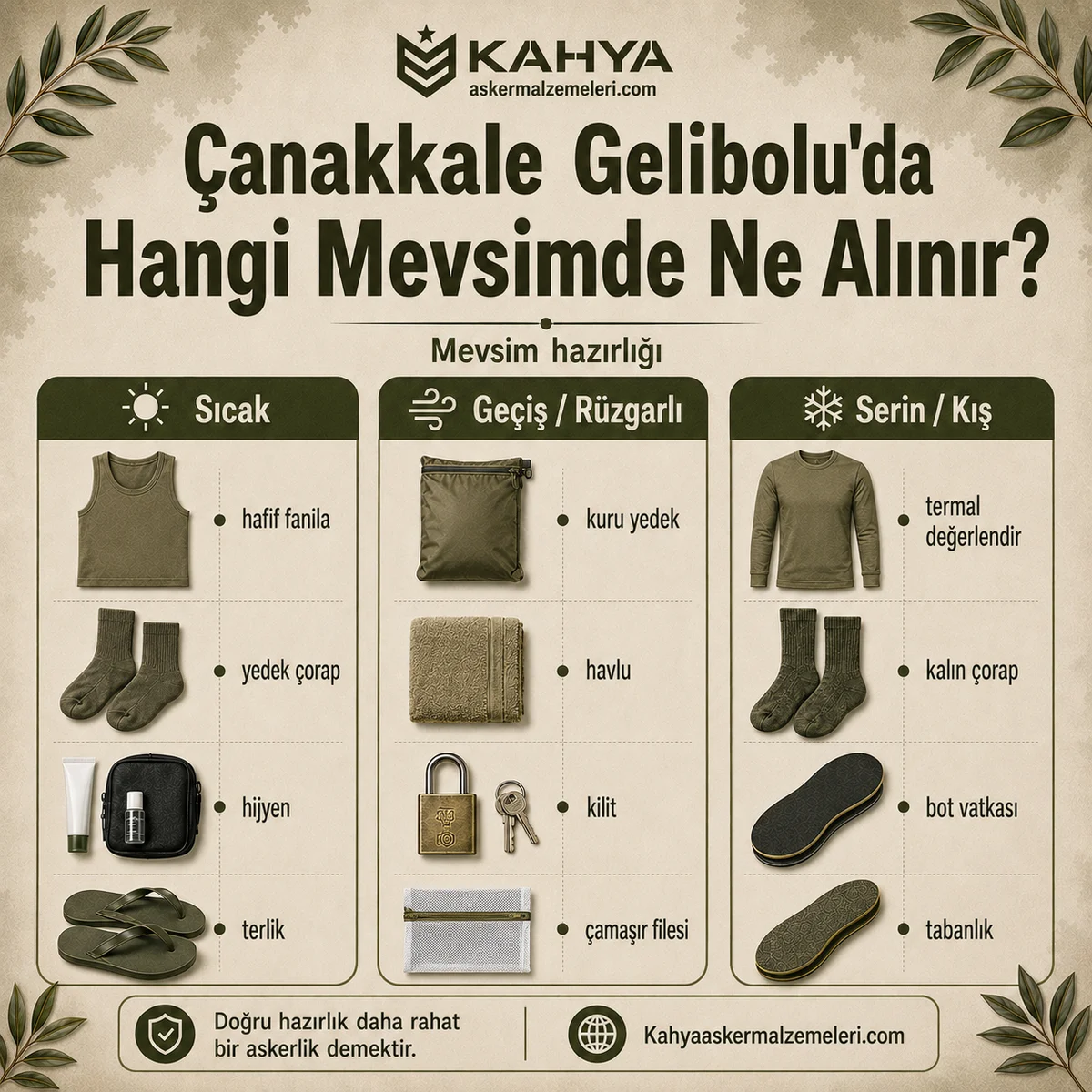 Çanakkale Gelibolu bedelli askerlikte yaz, geçiş ve kış dönemlerine göre alınacak asker malzemeleri