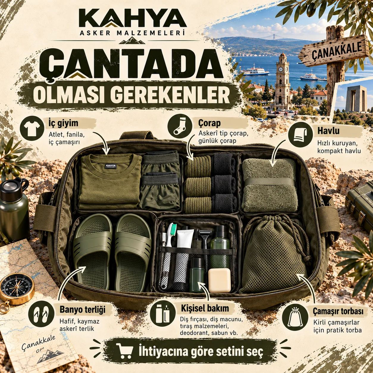 Çanakkale Jandarma Eğitim Merkezi — asker çantasında iç giyim, havlu ve kişisel bakım ürünleri (temsili infografik)