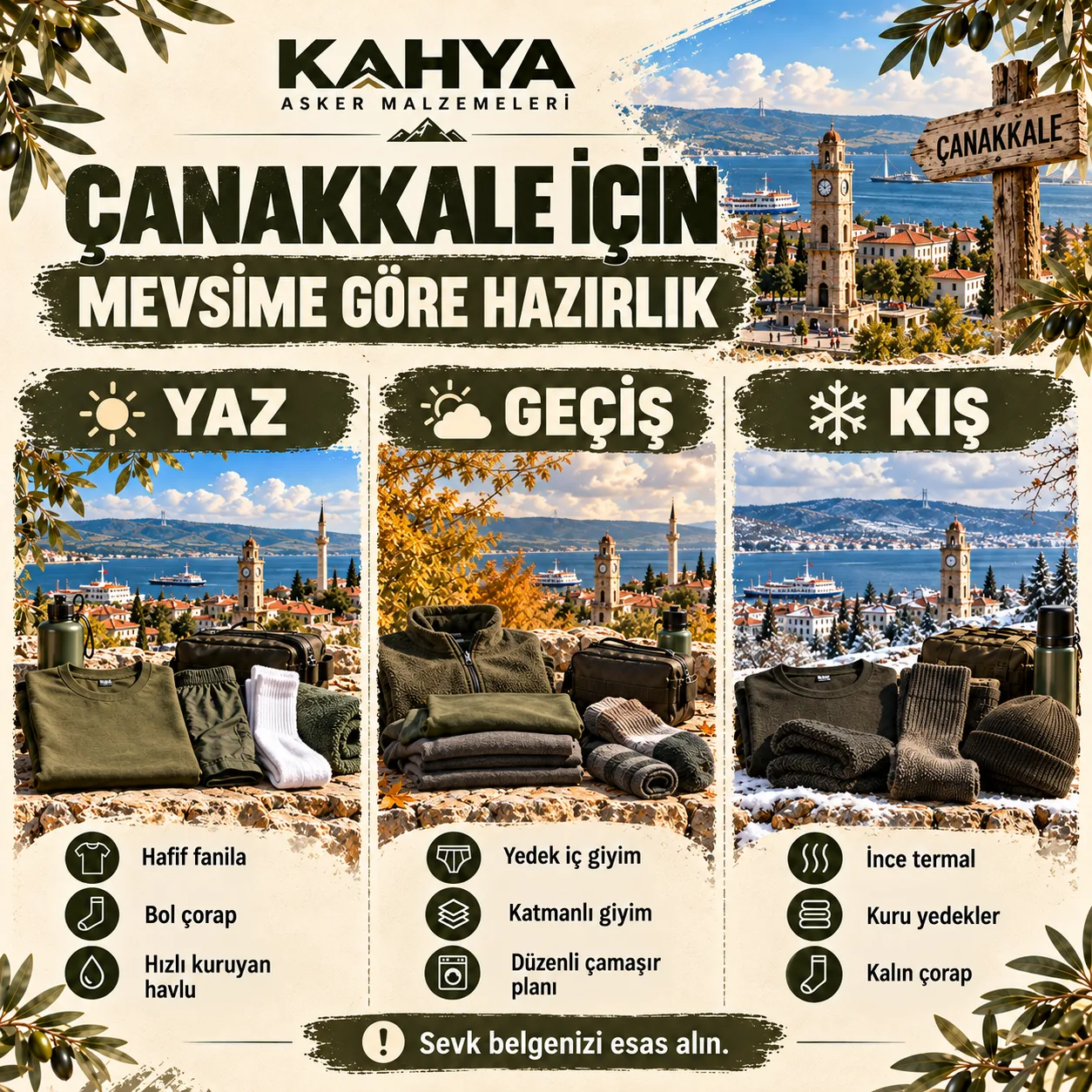 Çanakkale Jandarma Eğitim Merkezi — mevsime göre asker malzemesi hazırlığı (temsili infografik)