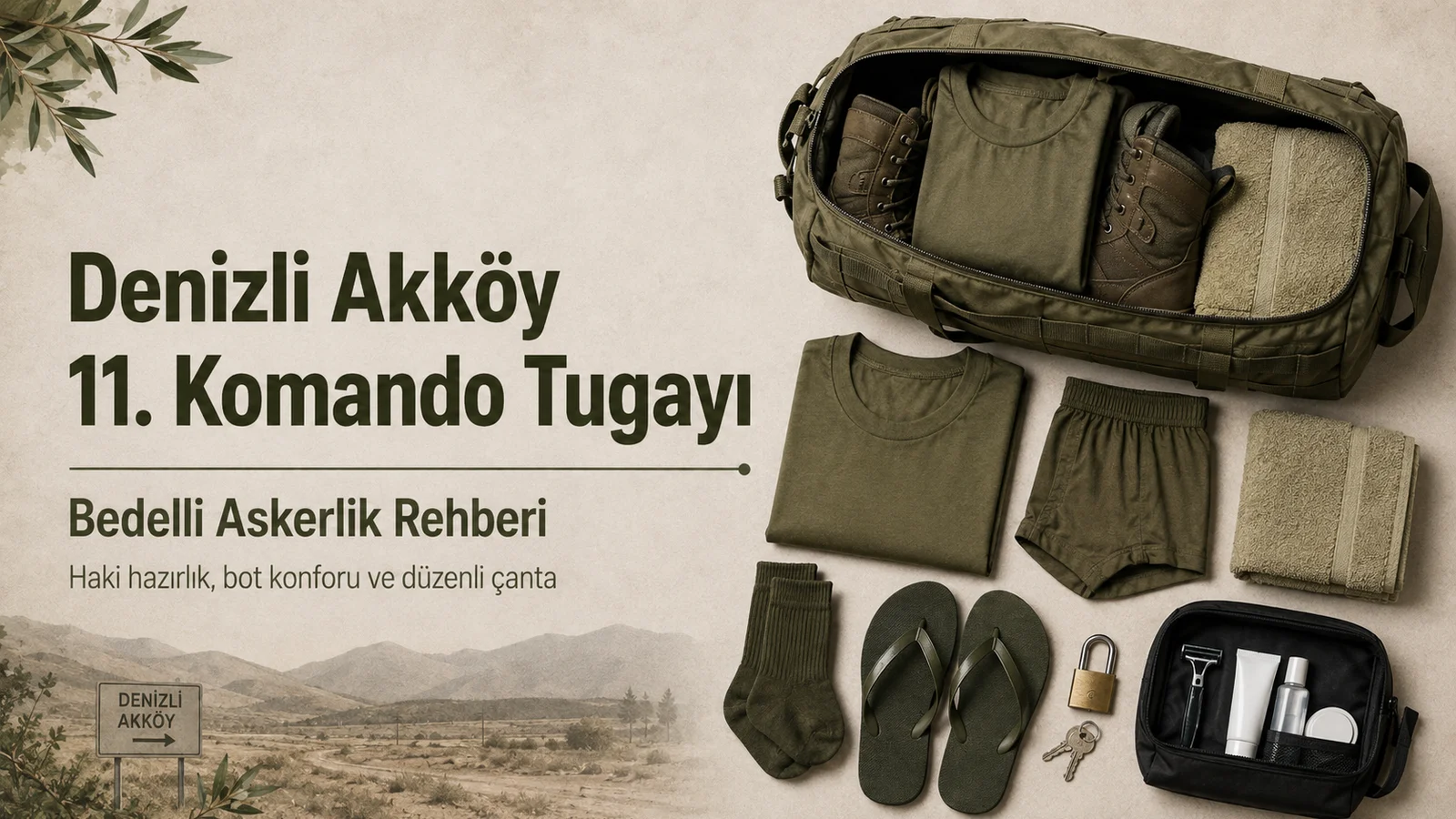 Denizli Akköy bedelli askerlik rehberi için haki ve yeşil tonlu asker iç giyimi, çanta ve temel hazırlık malzemeleri