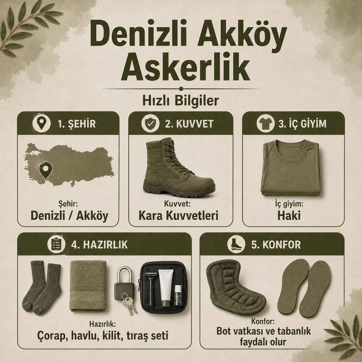 Denizli Akköy bedelli askerlik hızlı bilgiler; kuvvet, iç giyim rengi, iklim ve hazırlık öncelikleri
