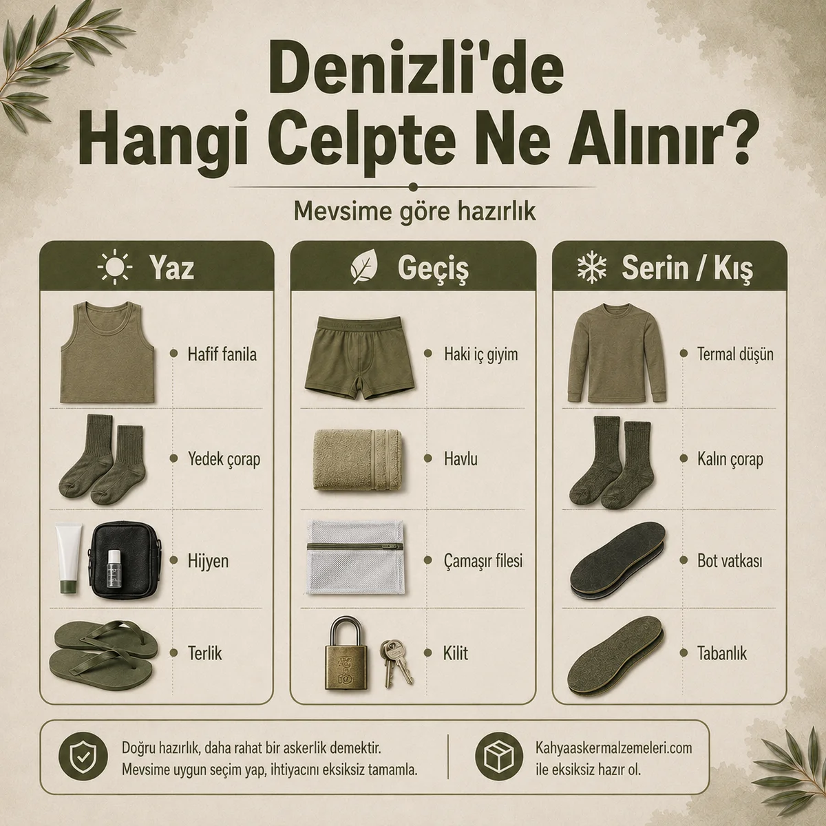 Denizli Akköy bedelli askerlikte yaz, geçiş ve kış dönemlerine göre alınacak asker malzemeleri