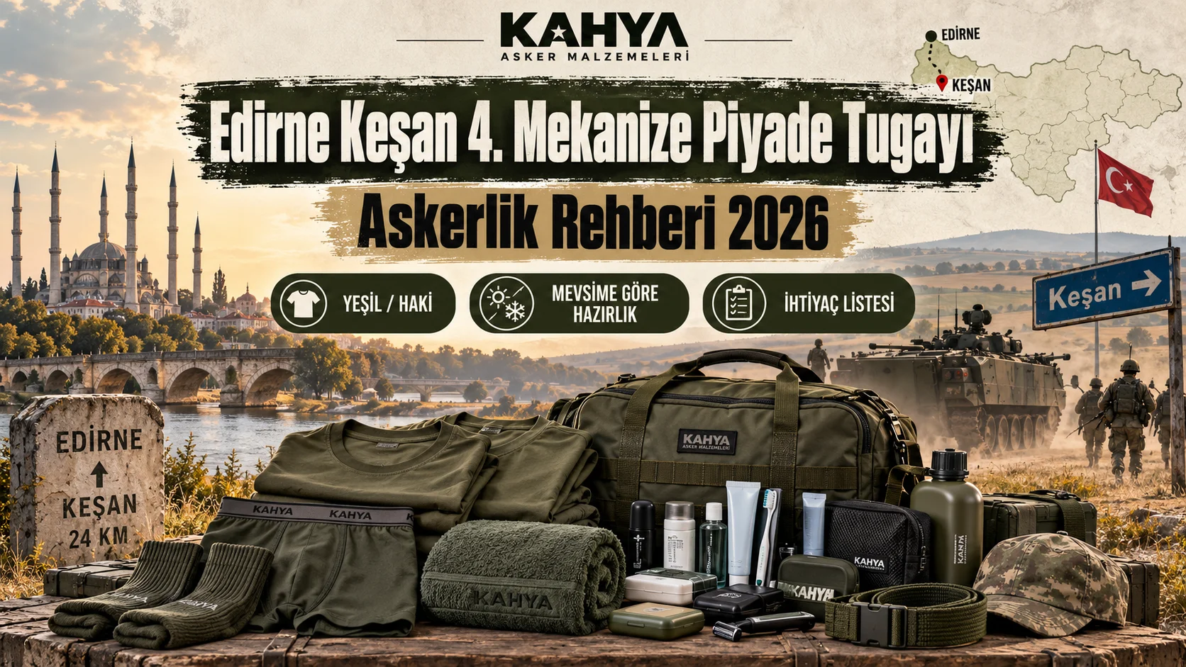 Edirne Keşan 4. Mekanize Piyade Tugayı — 2026 askerlik hazırlığı ve malzeme rehberi (temsili görsel); resmî askerî fotoğraf veya doğrulanmış birlik görüntüsü değildir