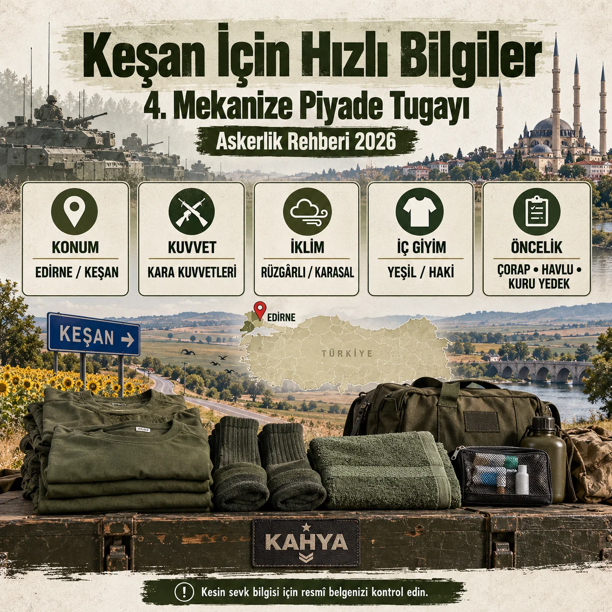 Edirne Keşan 4. Mekanize Piyade Tugayı — birlik bilgileri ve hazırlık özeti (temsili infografik); resmî askerî fotoğraf veya doğrulanmış birlik görüntüsü değildir