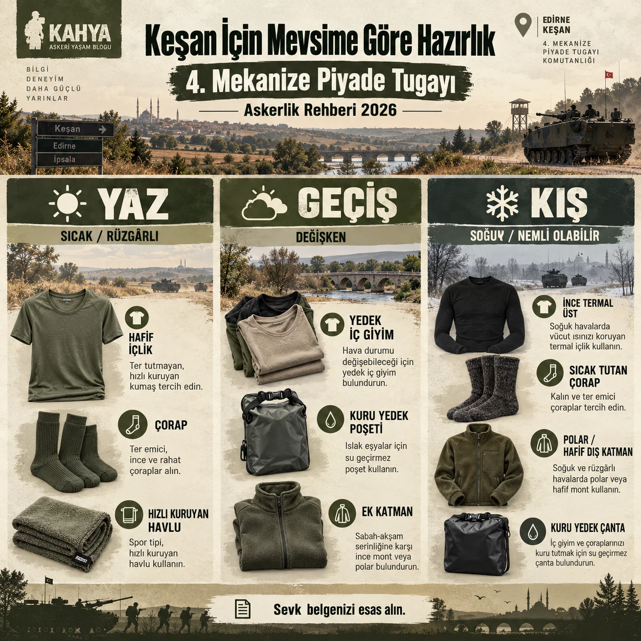 Edirne Keşan 4. Mekanize Piyade Tugayı — mevsime göre iç giyim ve asker malzemeleri (temsili infografik); resmî askerî fotoğraf veya doğrulanmış birlik görüntüsü değildir