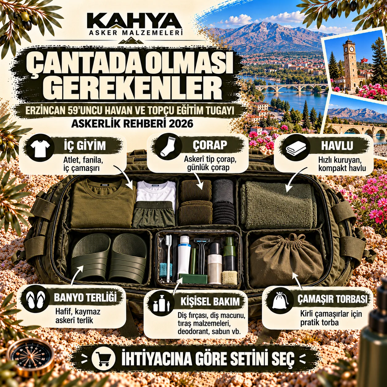 Erzincan 59. Havan ve Topçu Eğitim Tugayı — asker çantasında iç giyim, havlu ve kişisel bakım ürünleri (temsili infografik)