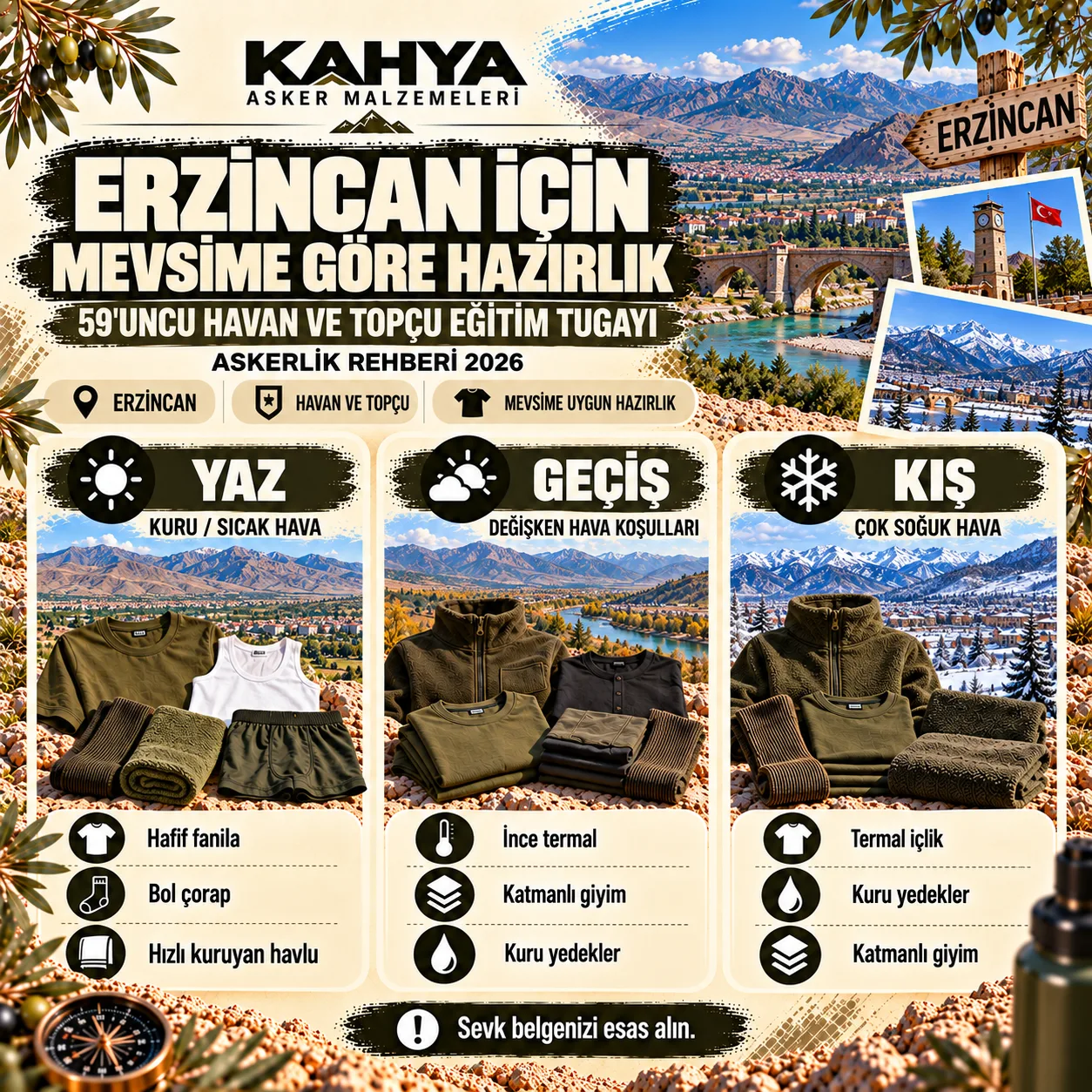 Erzincan 59. Havan ve Topçu Eğitim Tugayı — mevsime göre asker malzemesi hazırlığı (temsili infografik)