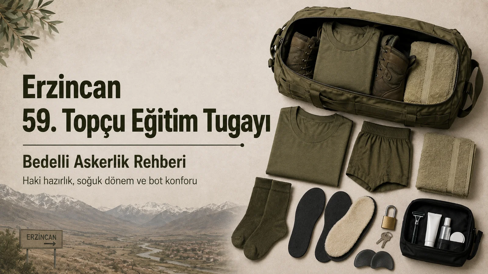 Erzincan bedelli askerlik rehberi için haki ve yeşil tonlu asker iç giyimi, çanta ve temel hazırlık malzemeleri