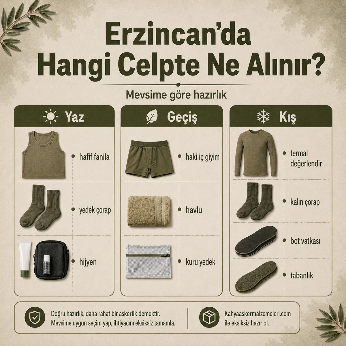 Erzincan bedelli askerlikte yaz, geçiş ve kış dönemlerine göre alınacak asker malzemeleri