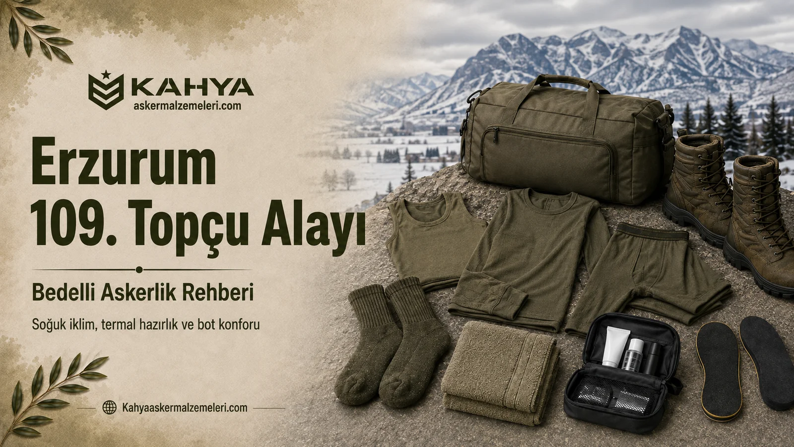Erzurum bedelli askerlik rehberi için haki ve yeşil tonlu asker iç giyimi, çanta ve temel hazırlık malzemeleri
