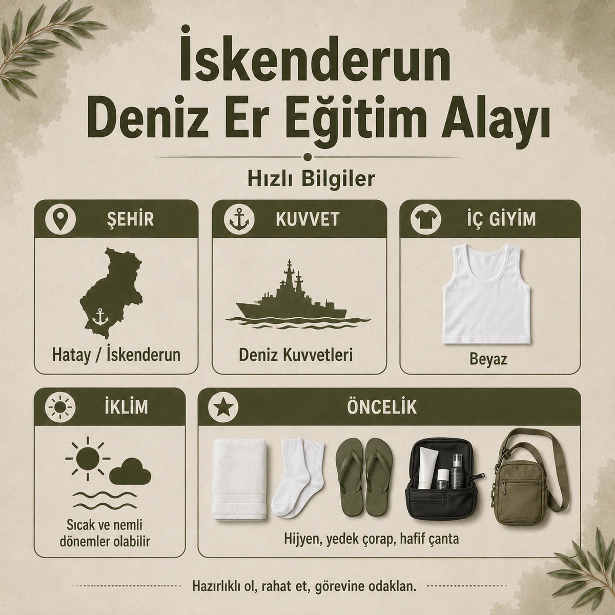 Hatay İskenderun bedelli askerlik hızlı bilgiler; kuvvet, iç giyim rengi, iklim ve hazırlık öncelikleri
