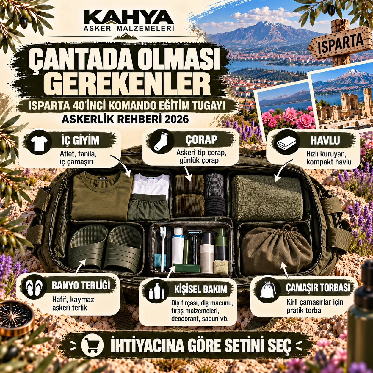 Isparta 40. Komando Eğitim Tugayı — asker çantasında iç giyim, havlu ve kişisel bakım ürünleri (temsili infografik)