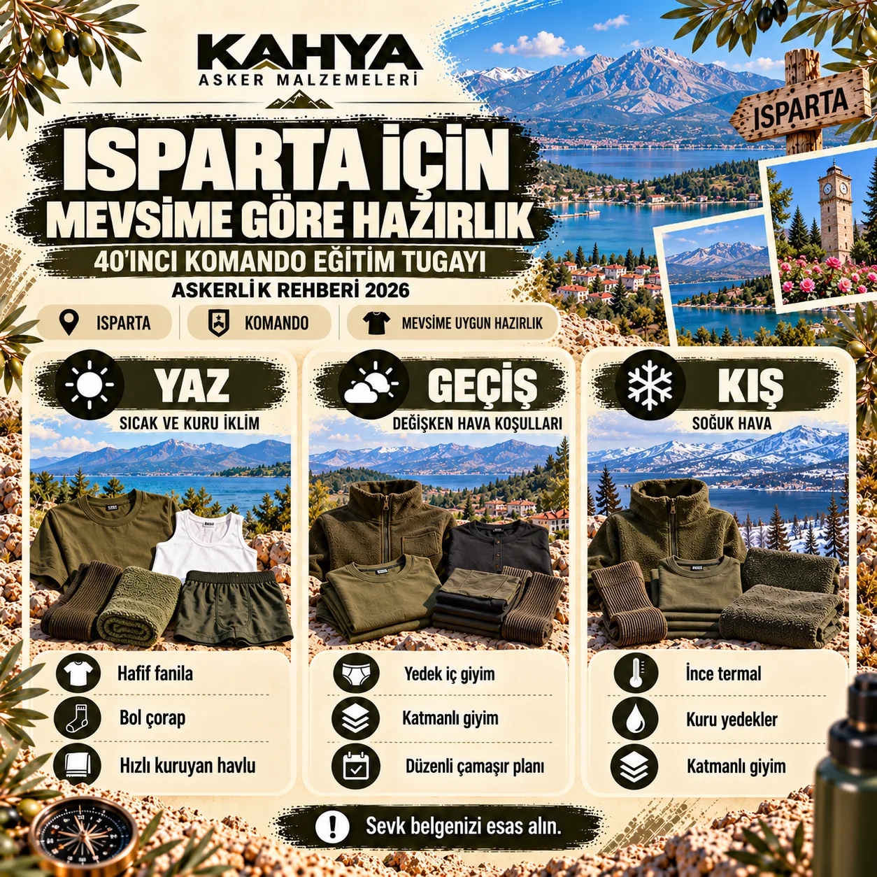 Isparta 40. Komando Eğitim Tugayı — mevsime göre asker malzemesi hazırlığı (temsili infografik)