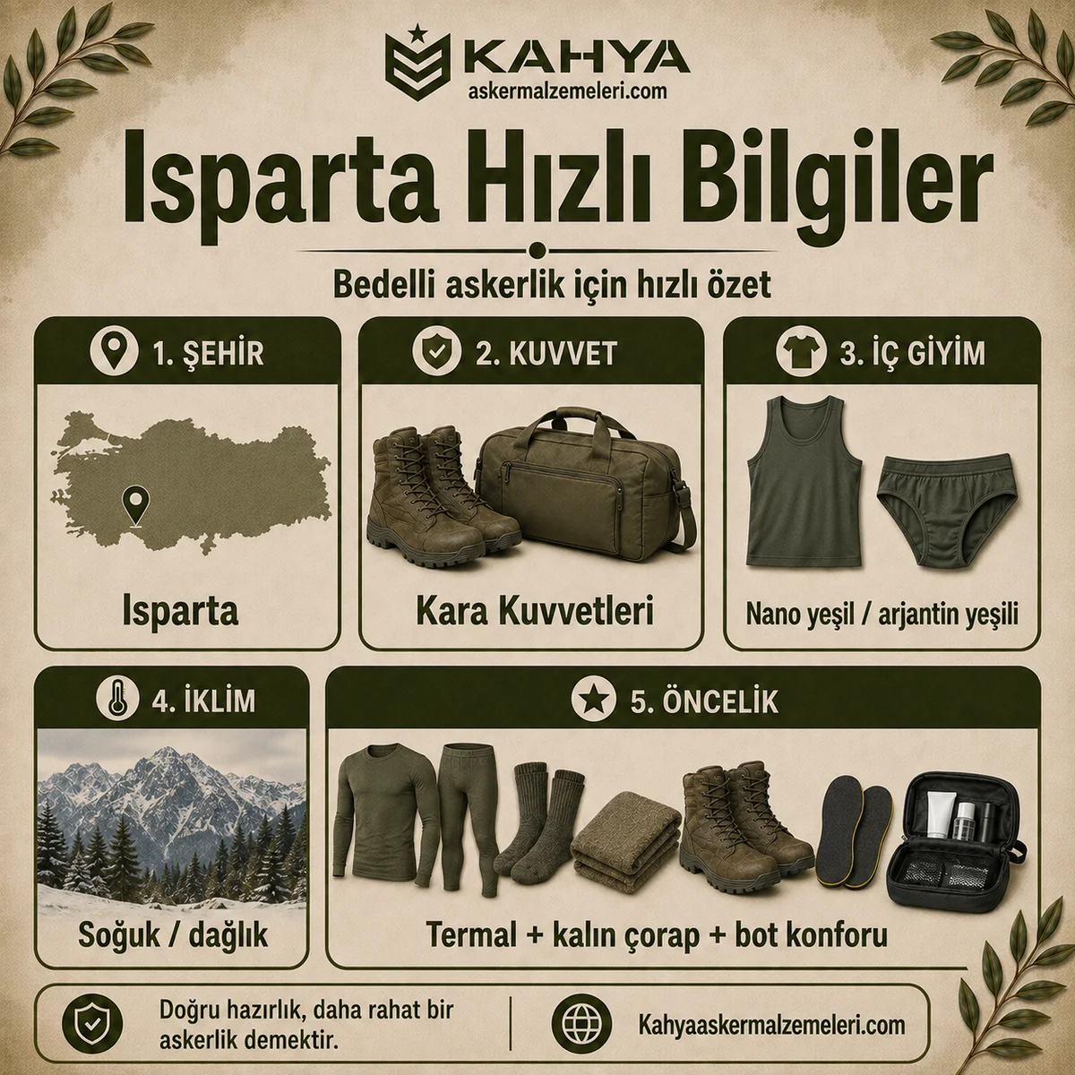 Isparta bedelli askerlik hızlı bilgiler; kuvvet, iç giyim rengi, iklim ve hazırlık öncelikleri