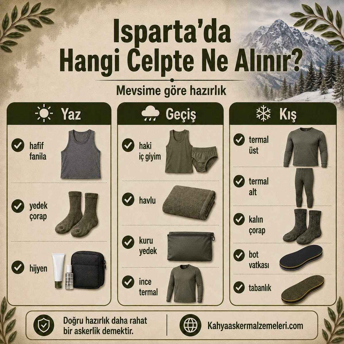 Isparta bedelli askerlikte yaz, geçiş ve kış dönemlerine göre alınacak asker malzemeleri