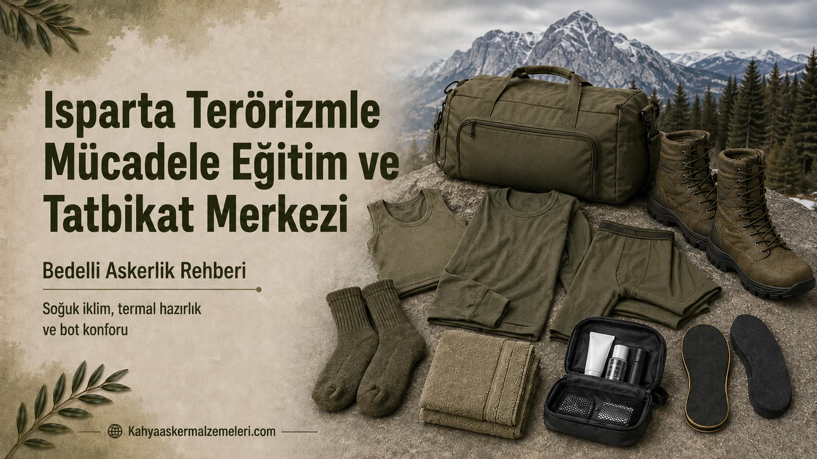 Isparta bedelli askerlik rehberi için haki ve yeşil tonlu asker iç giyimi, çanta ve temel hazırlık malzemeleri