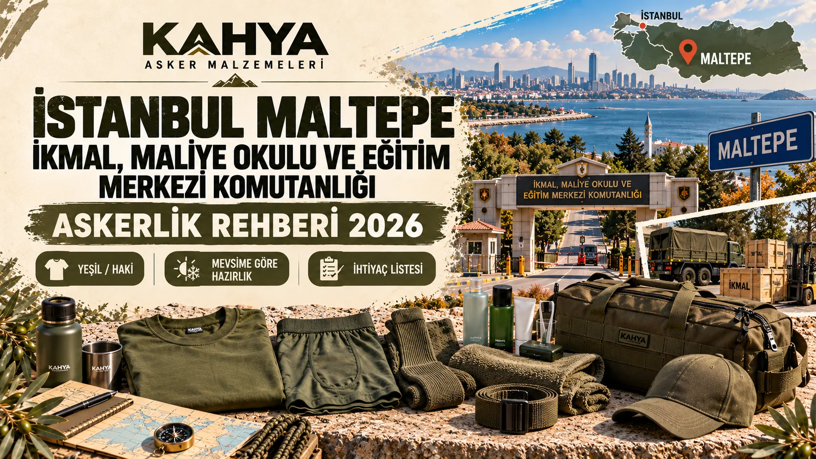 İstanbul Maltepe İkmal Maliye Okulu — 2026 askerlik hazırlığı ve malzeme rehberi (temsili görsel); resmî askerî fotoğraf veya doğrulanmış birlik görüntüsü değildir