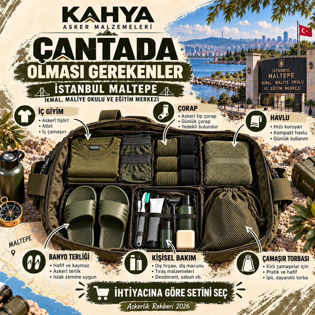 İstanbul Maltepe İkmal Maliye Okulu — iç giyim, çorap, havlu, bakım ürünleri ve çanta düzeni (temsili infografik); resmî askerî fotoğraf veya doğrulanmış birlik görüntüsü değildir