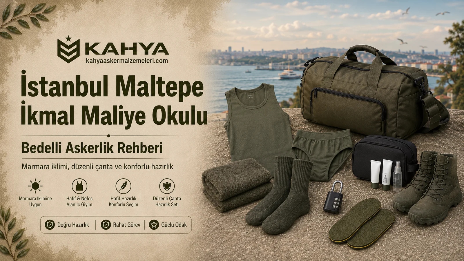İstanbul Maltepe bedelli askerlik rehberi için haki ve yeşil tonlu asker iç giyimi, çanta ve temel hazırlık malzemeleri