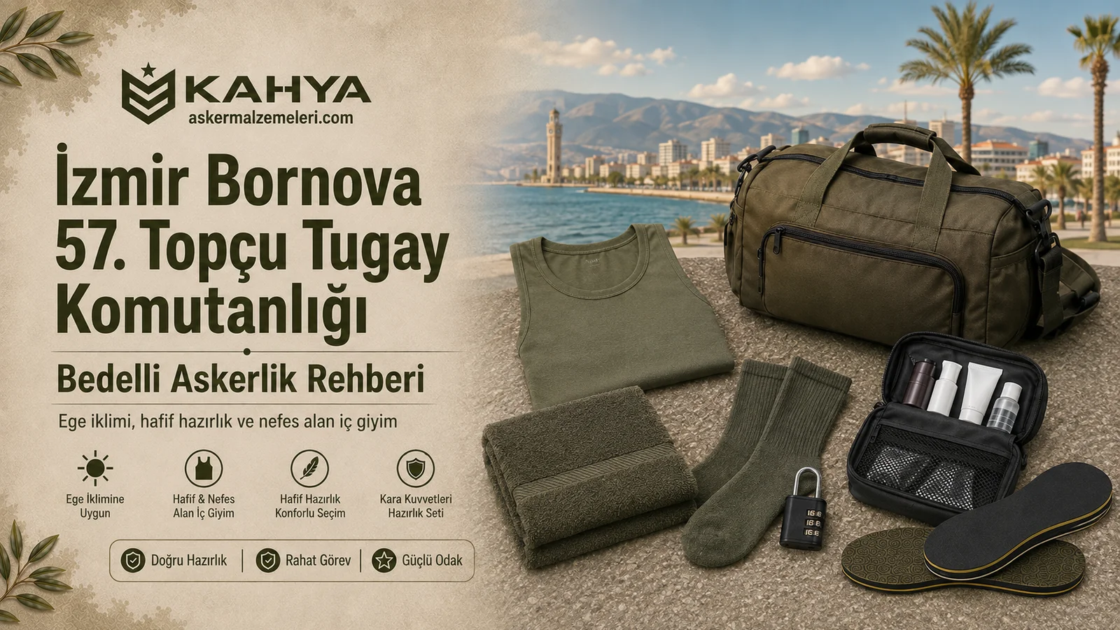 İzmir Bornova bedelli askerlik rehberi için haki ve yeşil tonlu asker iç giyimi, çanta ve temel hazırlık malzemeleri
