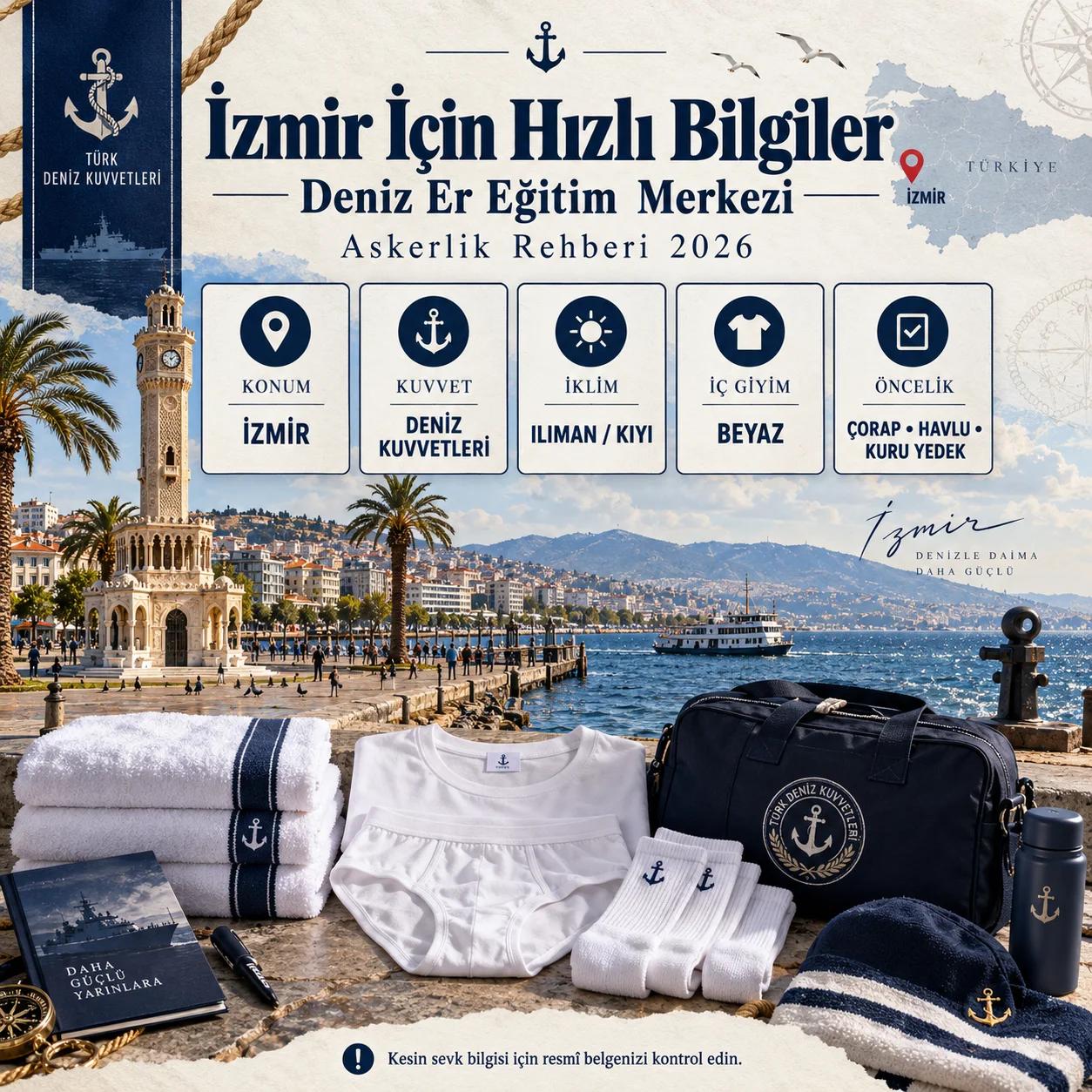 İzmir Deniz Er Eğitim Merkezi — birlik bilgileri ve hazırlık özeti (temsili infografik); resmî askerî fotoğraf veya doğrulanmış birlik görüntüsü değildir