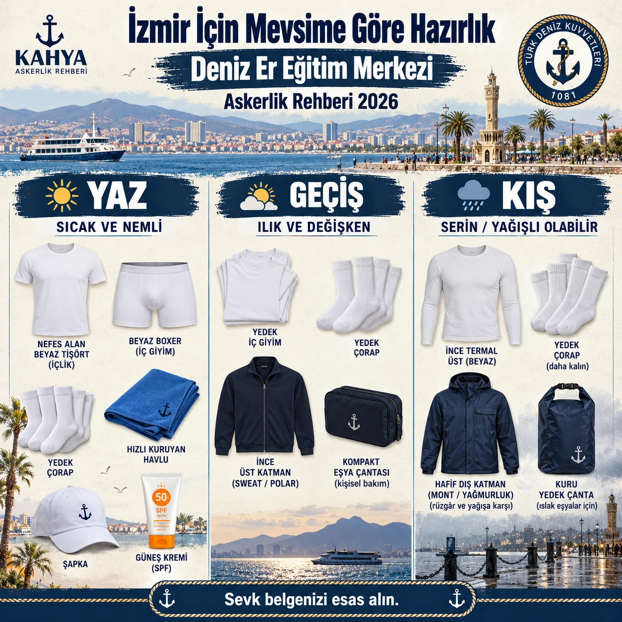 İzmir Deniz Er Eğitim Merkezi — mevsime göre iç giyim ve asker malzemeleri (temsili infografik); resmî askerî fotoğraf veya doğrulanmış birlik görüntüsü değildir