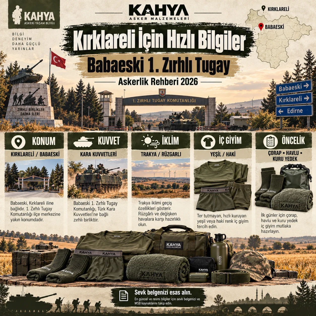 Kırklareli Babaeski 1. Zırhlı Tugay — birlik bilgileri ve hazırlık özeti (temsili infografik); resmî askerî fotoğraf veya doğrulanmış birlik görüntüsü değildir
