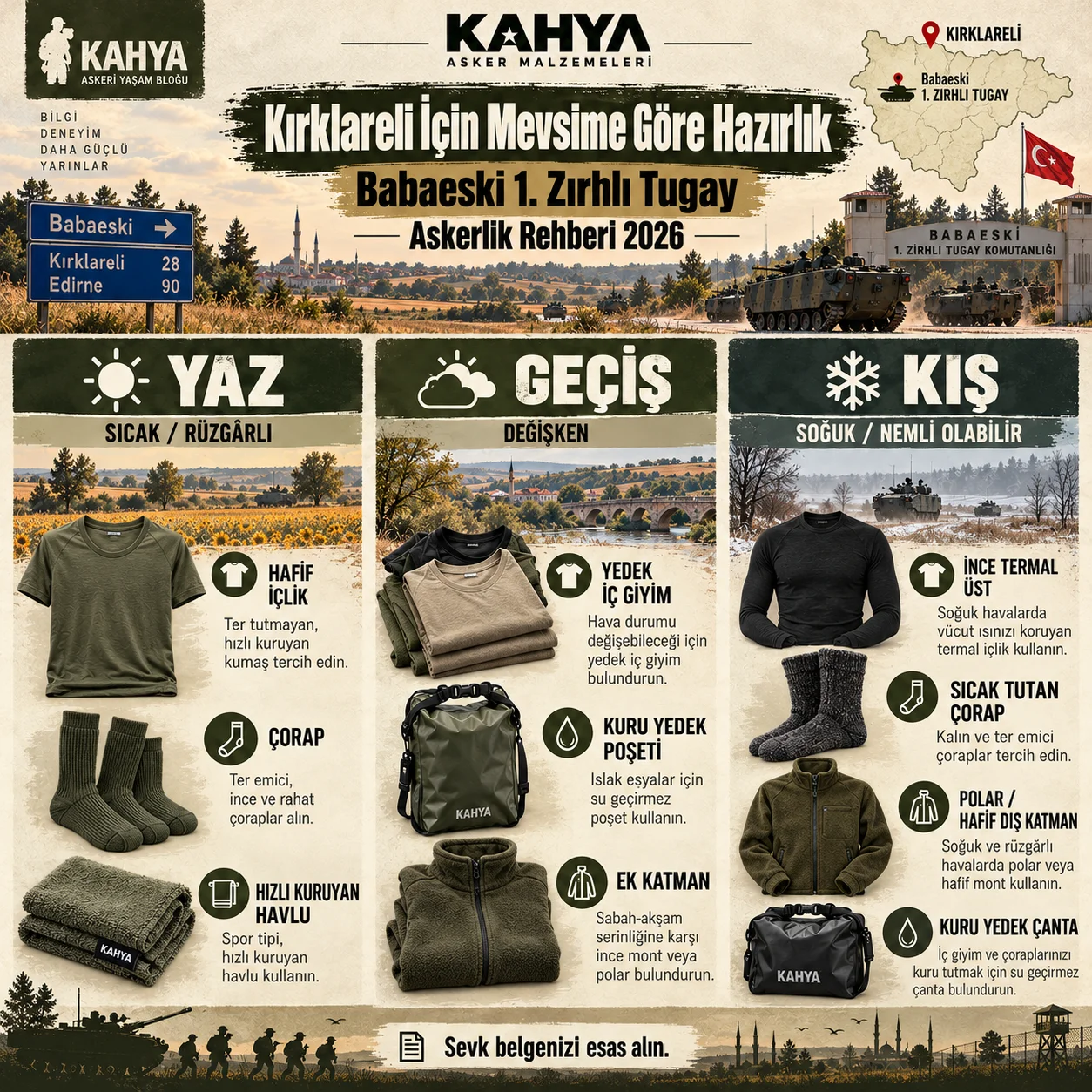 Kırklareli Babaeski 1. Zırhlı Tugay — mevsime göre iç giyim ve asker malzemeleri (temsili infografik); resmî askerî fotoğraf veya doğrulanmış birlik görüntüsü değildir