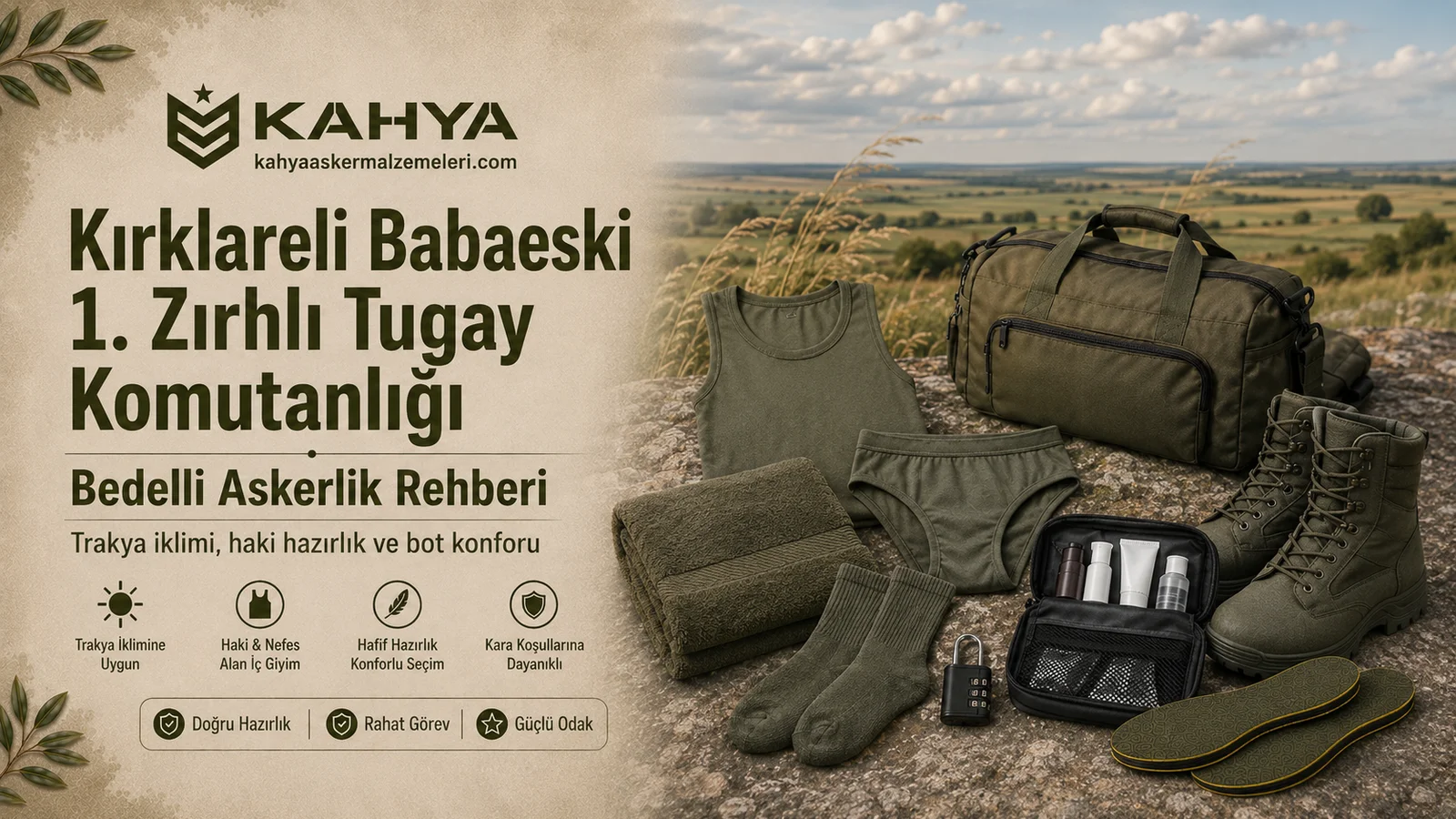 Kırklareli Babaeski bedelli askerlik rehberi için haki ve yeşil tonlu asker iç giyimi, çanta ve temel hazırlık malzemeleri