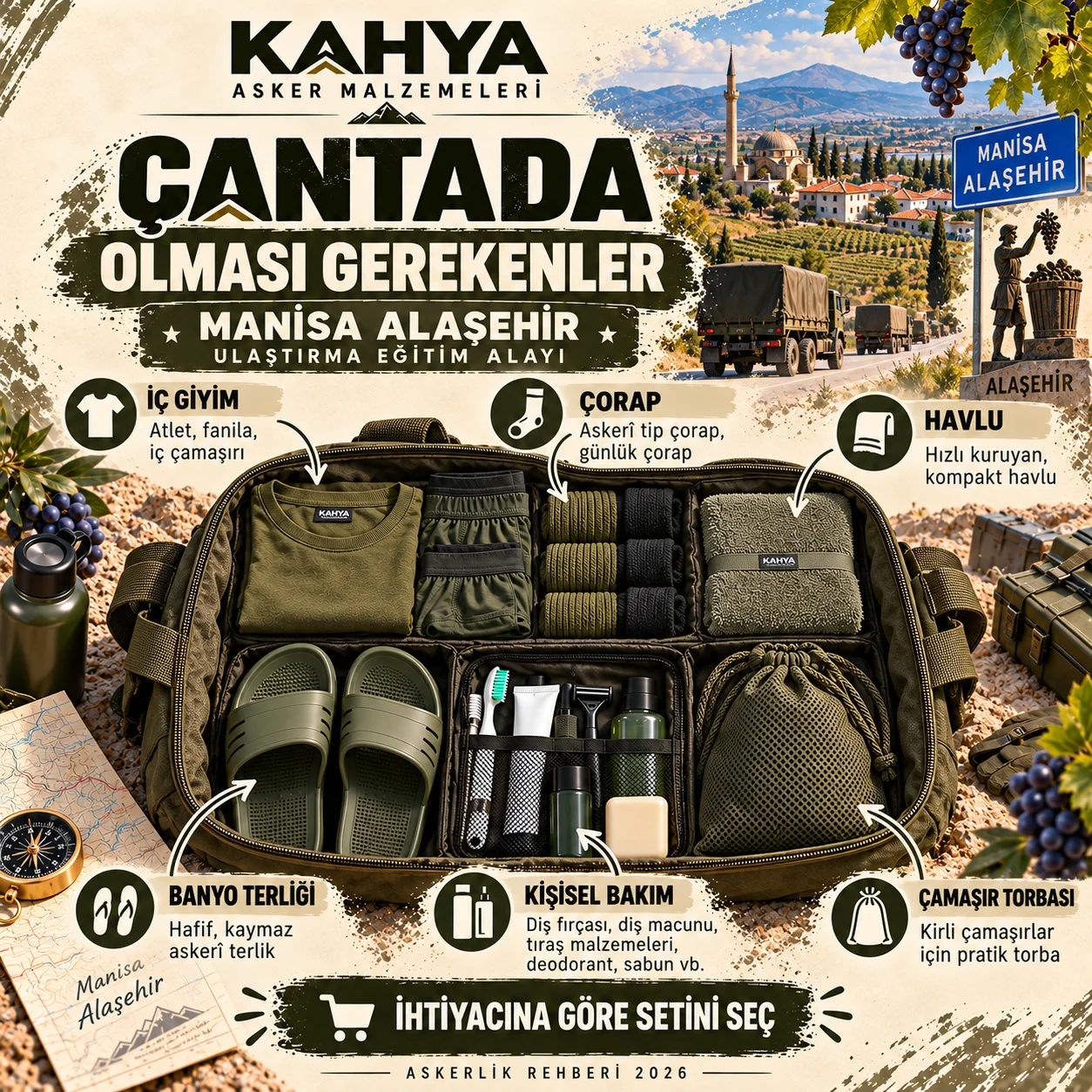 Manisa Alaşehir Ulaştırma Eğitim Alayı — iç giyim, çorap, havlu, bakım ürünleri ve çanta düzeni (temsili infografik); resmî askerî fotoğraf veya doğrulanmış birlik görüntüsü değildir