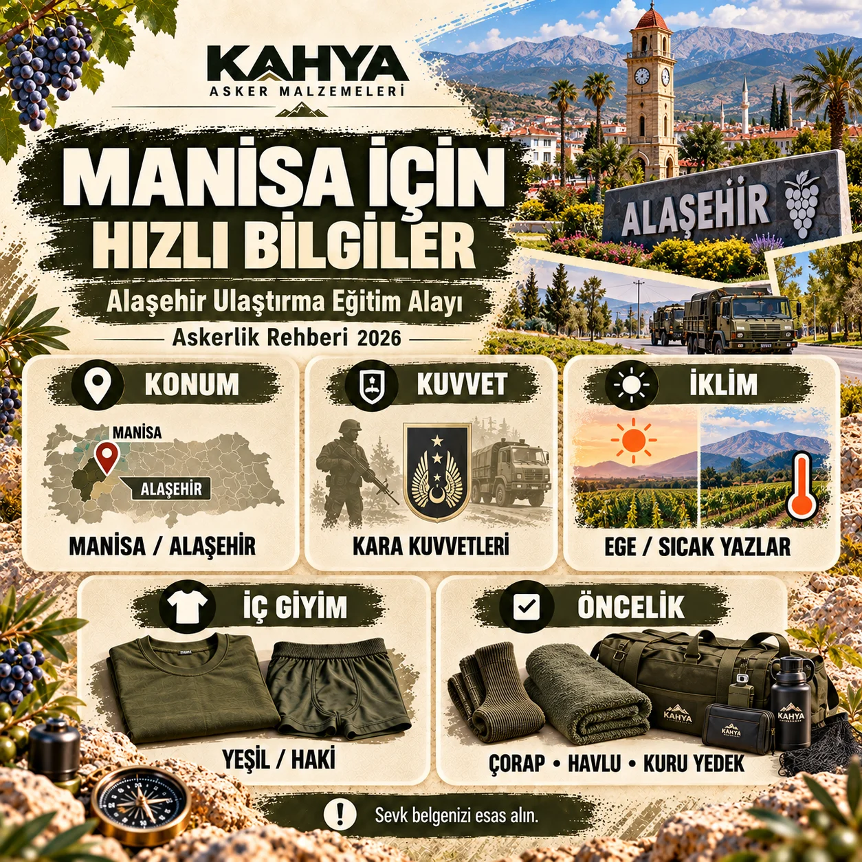 Manisa Alaşehir Ulaştırma Eğitim Alayı — birlik bilgileri ve hazırlık özeti (temsili infografik); resmî askerî fotoğraf veya doğrulanmış birlik görüntüsü değildir