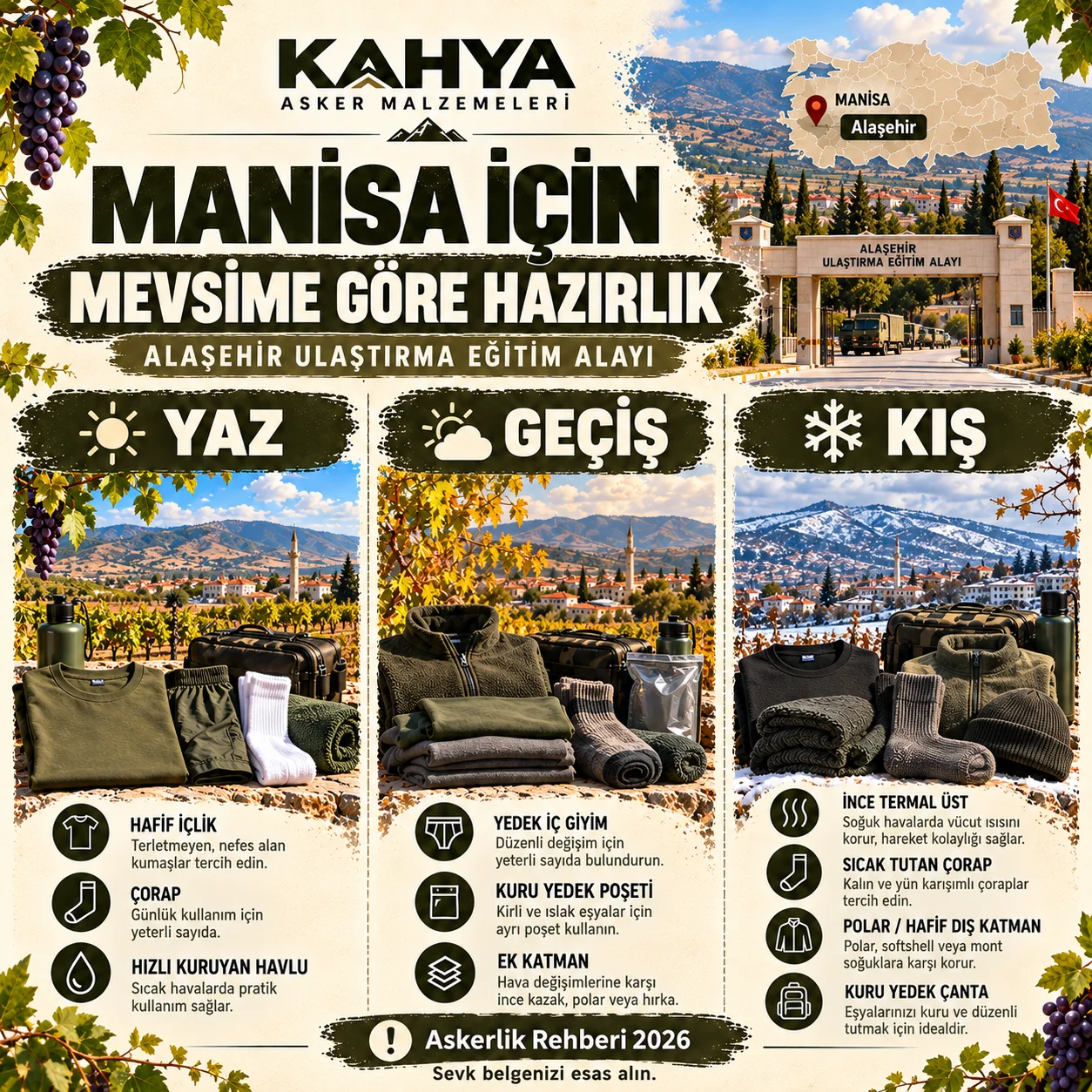 Manisa Alaşehir Ulaştırma Eğitim Alayı — mevsime göre iç giyim ve asker malzemeleri (temsili infografik); resmî askerî fotoğraf veya doğrulanmış birlik görüntüsü değildir