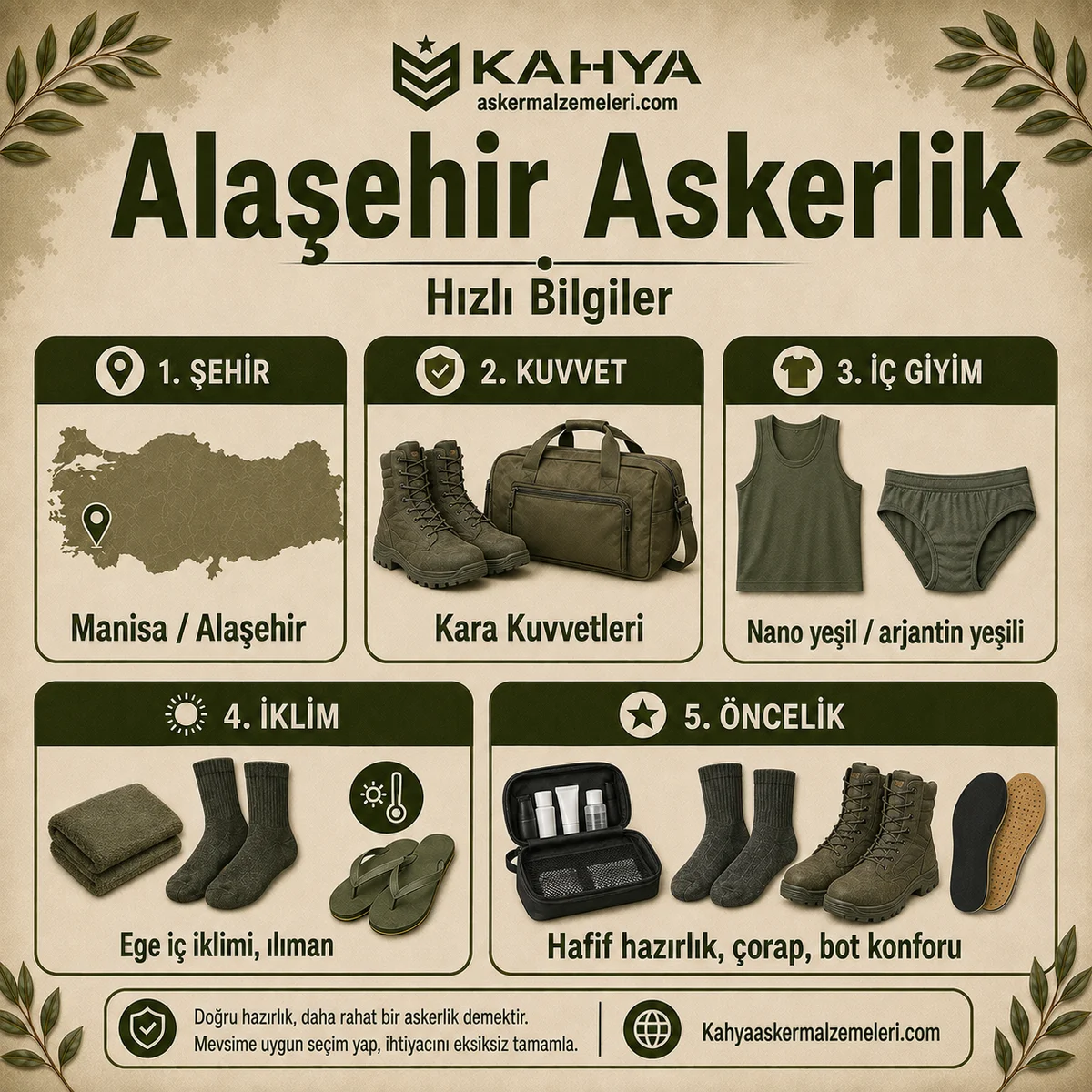 Manisa Alaşehir bedelli askerlik hızlı bilgiler; kuvvet, iç giyim rengi, iklim ve hazırlık öncelikleri